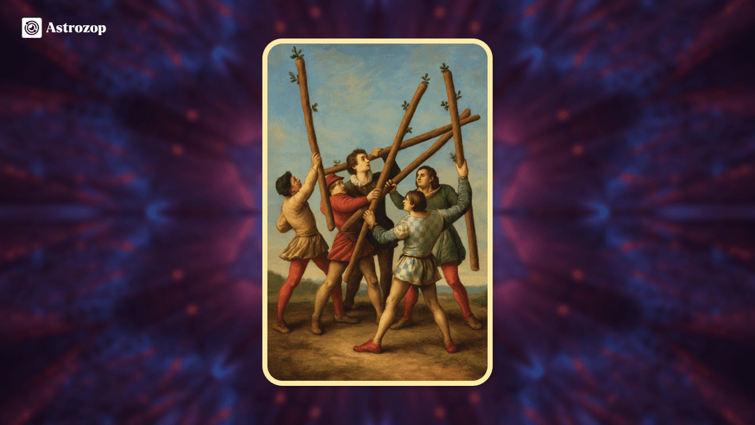Five of Wands tarot card showing five figures clashing with wands, symbolizing competition