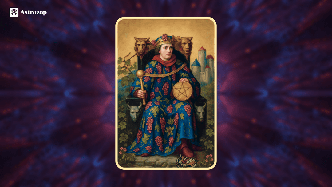 King of Pentacles tarot card showing a regal figure seated on a richly decorated throne