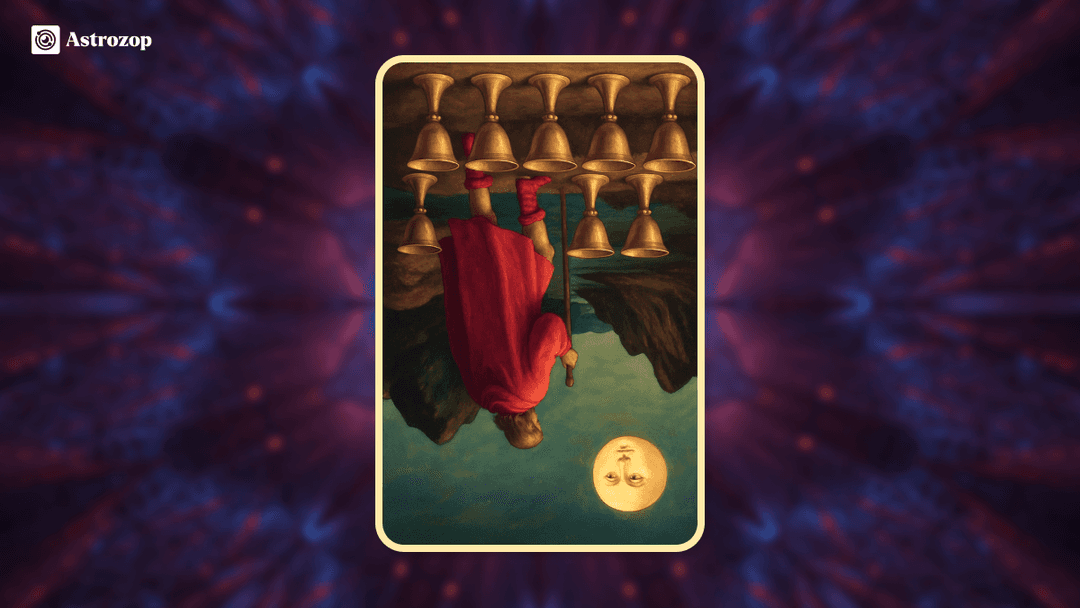 Reversed Eight of Cups tarot card showing a figure hesitating to walk away from the cups